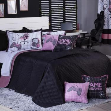 Imagem de Kit Cama Colcha Infantil Cobre Leito Game Streamer Rosê Dupla Face c/ 