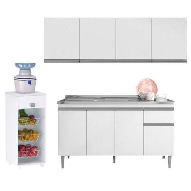 Imagem de Balcão de Pia Tatiane 145 cm e Armário Aéreo Andréia 4 Portas 160 cm com Fruteira Monalise Branco Brilho - AJL