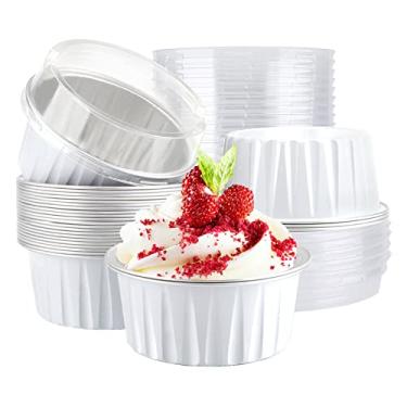 Imagem de EUSOAR Copos de cozimento de ramekin, 30 peças, forros de muffin de folha de alumínio de 142 g, copo de cupcake com tampas, mini formas de torta com tampas, recipientes descartáveis de papel alumínio