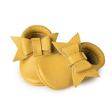 Imagem de Littlebeemocs Mocassins para bebês meninas com laço (couro italiano) sola macia para meninas | Berço, bebês, bebês, recém-nascidos, caminhadas, Amarelo, 18