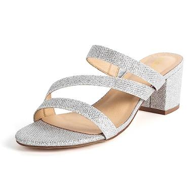 Imagem de GUIHTAO Sandálias femininas de salto baixo e grosso, dourado, nude, preto, prata, salto alto, sem cadarço, bico aberto, vestido de salto alto, Glitter prateado, 38