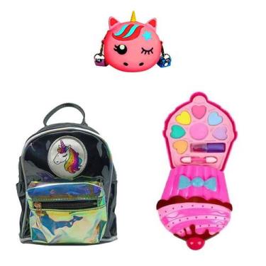 Imagem de Mochila Preta Unicórnio, Bolsa e Maquiagem Cupcake Infantil - BD Net
