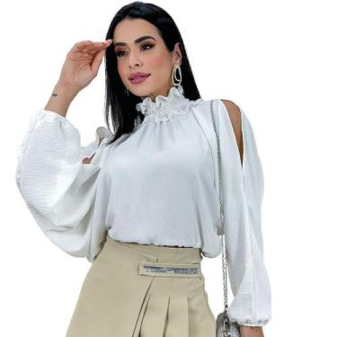 Imagem de Blusa Bata Feminina Gola Alta Manga Bufante Ombro Vazado - Swiss Bouti