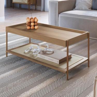 Imagem de Mesa de Centro Retangular com Prateleira 93cm Palhinha Pé Metal Oslo -