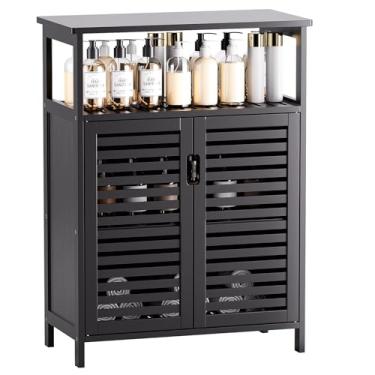 Imagem de HITNET Armário de armazenamento de banheiro preto, armário de bambu independente de 4 andares, armário de cozinha alto com porta e prateleiras