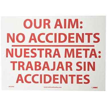 Imagem de NMC Placa bilíngue de área restrita M438PB, legenda "OUR AIM: NO ACCIDENTS", 35,56 cm de comprimento x 25,4 cm de altura, vinil sensível à pressão, vermelho sobre branco
