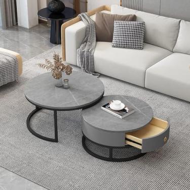 Imagem de Conjunto de 2 mesas de centro redondas, conjunto de mesa lateral com armazenamento de gaveta, mesa de sofá com textura de mármore ardósia, moldura de metal, mesa de chá moderna para quarto, sala de