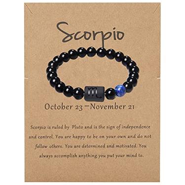Imagem de Pulseira do signo do zodíaco para homens e mulheres, contas de 8 mm, 10 mm, pedra ônix preta natural, símbolo de estrela, bracelete de horóscopo