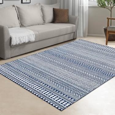 Imagem de WESTLOOM Tapete grande para sala de estar, 22,5 x 30,5 cm, tapete lavável, tapete boho antiderrapante, tapete marroquino, resistente a manchas, tapete geométrico para quarto, casa, escritório, azul