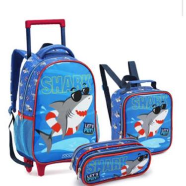Imagem de Kit mochila lancheira estojo tubarão azul rodinha menino - Seanite