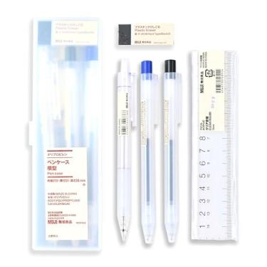 Imagem de MENBLY Conjunto de lápis de papelaria MU-JI – estojo para caneta, lapiseira, 2 canetas esferográficas, borracha, régua – design minimalista para esboçar, desenhar e desenhar – organizar e armazenar