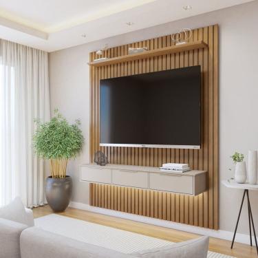 Imagem de Painel Suspenso Ripado 182,8 Cm com Nicho Vitória 1 Fita de Led 100% Mdf Marrom/Cinza