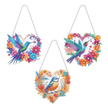 Imagem de MaiYiYi Kit de pintura com pingente de arte de diamante para pendurar, 3 peças, pássaro colorido, gema de cristal, conjunto de pintura de pardal, ornamentos de pintura de diamante para decoração de