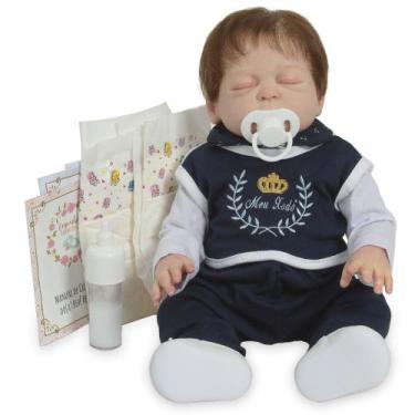 Imagem de Bebê Reborn Menino Cabelo Castanho Fio a Fio Kit Acessórios - Cegonha 