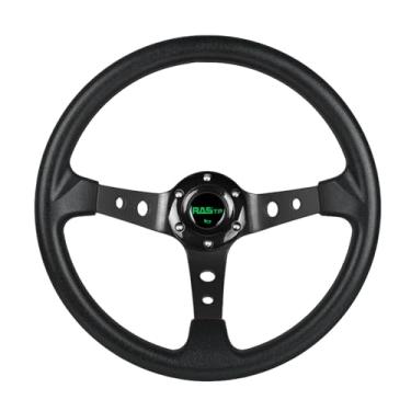 Imagem de RASTP Volante universal de corrida, volante de prato profundo 13,8"/350 mm 6 parafusos aderência vinil couro e alumínio com botão de buzina para carro - preto