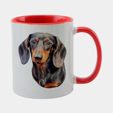 Imagem de Caneca Branca Interna Alça Vermelha Porcelana - DACHSHUND FOFO LINDO