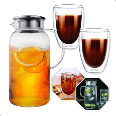Imagem de Kit Jarra Vidro Borossilicato com Tampa Aço Inox 1,8 l + 2 Copos Parede Dupla Vidro Borossilicato 320 Ml.