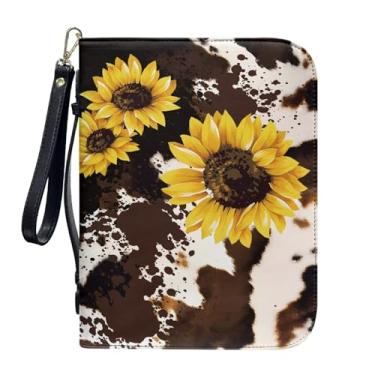 Imagem de Panskyllis Capa bíblica feminina de couro com fita preta personalizada para estudo da Bíblia bolsa de transporte, Vaca Girassol, XX-Large