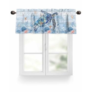 Imagem de Cortina de tartaruga azul para janelas, oceano, praia, estrela-do-mar, coral, rústica, madeira, grão, sanefas, bolso para varão, tratamentos de janela, cortinas curtas para cozinha, sala de estar