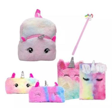 Imagem de Kit Mochila Infantil Escola Caderno Estojo Pelucia Unicornio - polibri