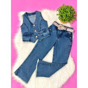 Imagem de Conjunto Infantil Menina Colete e Calça Flare Jeans Com Lycra Moda Inv