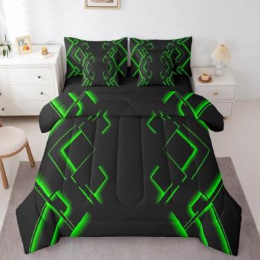 Imagem de jejeloiu Conjunto de edredom preto e verde com lençol de solteiro, 7 peças, abstrato, ombré, para meninos, adultos, adolescentes, luxuoso, simples, moderno, geométrico, listras, arte geométrica,