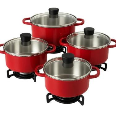 Imagem de Conjunto de Panelas De Alumínio Fundido Vermelhas  Tampa De Vidro - Fu