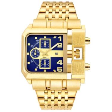 Imagem de Relógio masculino hip hop quadrado grande relógio mostrador mostrador novo mostrador de aço inoxidável quartzo dourado relógios, Dourado/azul, moda