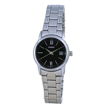 Imagem de Casio LTP-V002D-1B3 Relógio feminino padrão de aço inoxidável com detalhes romanos e mostrador preto, Movimento de quartzo