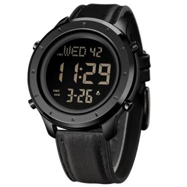 Imagem de ZOLOHONI Relógio masculino de couro para homens, relógio digital de pulso masculino, LED, minimalista, aço inoxidável, cronômetro à prova d'água, Preto