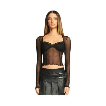 Imagem de Camiseta Cropped de Malha com Renda - Manga Longa, Decote Quadrado e D