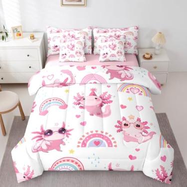 Imagem de Feelyou Conjunto de cama de axolote fofo para meninos e meninas, tamanho casal, arco-íris, com lençol kawaii, oceano, vida marinha, 7 peças, decoração de quarto, 7 peças