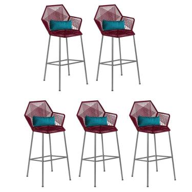 Imagem de Kit 05 Banqueta Alta Com Encosto Sttar Ferro Prata Fibra Marsala Almofada Suede Azul Turquesa