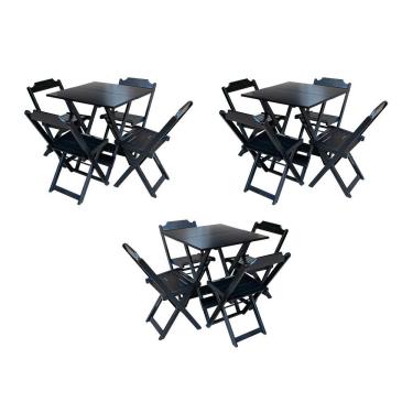 Imagem de Kit 3 Conjuntos De Mesa Dobravel Com 4 Cadeiras De Madeira 70X70 Para Restaurante E Bar - Preto