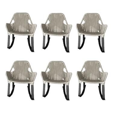 Imagem de Kit 6 Cadeiras De Balanço Athenas Corda Náutica Base Em Alumínio Preto-areia - Cor: Bege