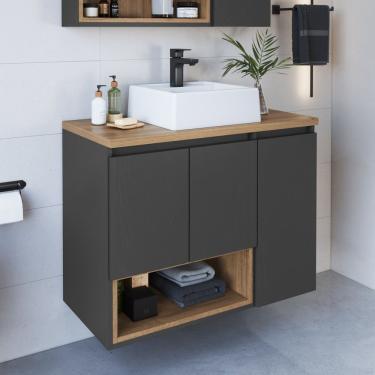 Imagem de Gabinete De Banheiro Suspenso 80cm Cecília Com 3 Portas E 1 Nicho Com Cuba Mel/grafite