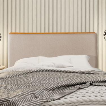 Imagem de Cabeceira Cama Box King 1,93m Estofada Detalhe Em Madeira Java Linho Bege