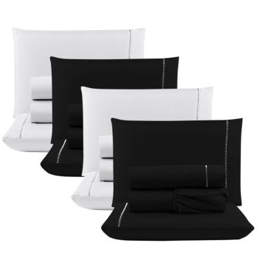 Imagem de Kit Com 4 Jogos Cama Lençol Casal Padrão Micro Percal 400 Fios Ponto Palito 4 Peças Preto + Branco