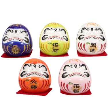 Imagem de LOGOFUN 5 peças pequena Daruma estatueta japonesa Daruma conjunto de boneca cerâmica boa sorte estátua de Daruma para decoração interna de casa carro desktop - sem olhos 4,5 cm