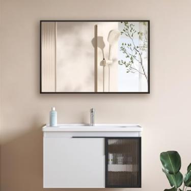 Imagem de miroro 51 cm C x 71 cm L Espelho de banheiro emoldurado de metal preto para parede espelho retangular arredondado antiferrugem, vidro temperado, pendurado horizontal ou verticalmente