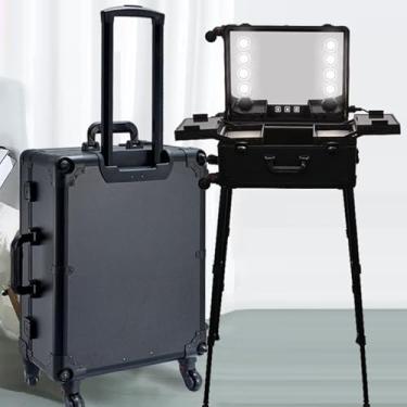 Imagem de Estojo de maquiagem com carrinho de alumínio de 22 polegadas com espelho, luz LED, alto-falante, estojo de viagem de beleza, penteadeira de maquiagem com rolo, adequado para viagens