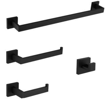 Imagem de Conjunto de banheiro em aço inoxidável dourado - Ganchos para toalhas e porta-papel | Acessórios de cozinha em 3 peças, preto fosco