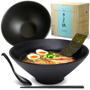 Imagem de 2 conjuntos (6 peças) 1,6 g tigela de sopa de macarrão ramen japonês grande melamina conjunto de tigelas de plástico duro com colher e pauzinhos combinando para macarrão asiático Udon Soba Pho (2,