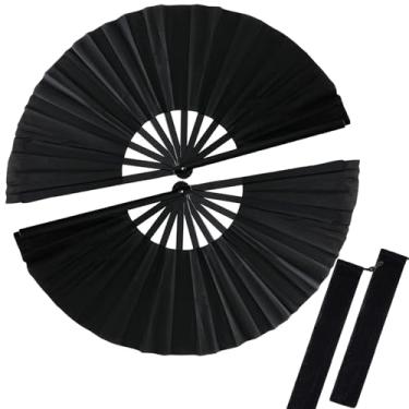 Imagem de Pacote com 2 leques de mão dobrável, ventiladores de tecido de náilon, ventilador de tecido vintage, ventilador de mão de kung fu tai chi chinês, grande ventilador para homens/mulheres, dança