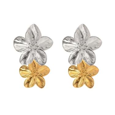 Imagem de LOKLIFFAI Brincos de flores para mulheres, design de dois tons, brincos pendentes de gota para férias com asa de folha, joias modernas, one size, Zinco, Sem pedra preciosa