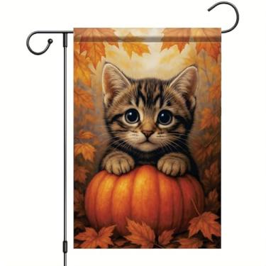 Imagem de Starlit Patio Bandeira de jardim de outono de ação de graças bandeira gato gato malhado 30,5 x 45,7 cm bandeira dupla face folha de abóbora jardim outono decoração ao ar livre para varanda gramado