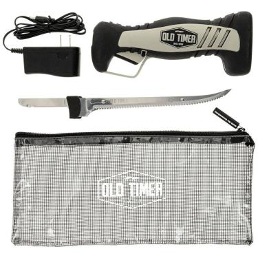 Imagem de Faca Elétrica Sem Fio Old Timer com Lâmina de 20 cm em Aço Inox, Trava, Bateria Recarregável e Estojo Auto-Drenante para Pesca e Carne