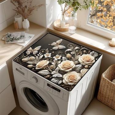 Imagem de AOHMPT Tapete antiderrapante para lavadora e secadora – Almofada protetora à prova de poeira com vários designs de padrões para decoração de lavanderia e cozinha, universal 59,9 cm x 50 cm (flores