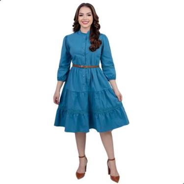 Imagem de Vestido Feminino Mídi Soltinho Godê com Mangas Botões Funcionais Front