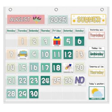 Imagem de Calendário de sala de aula, gráfico de bolso e estação meteorológica, conjunto de decoração de sala de aula, kit de calendário de aula para organização de sala de aula, quadro de avisos e escola em